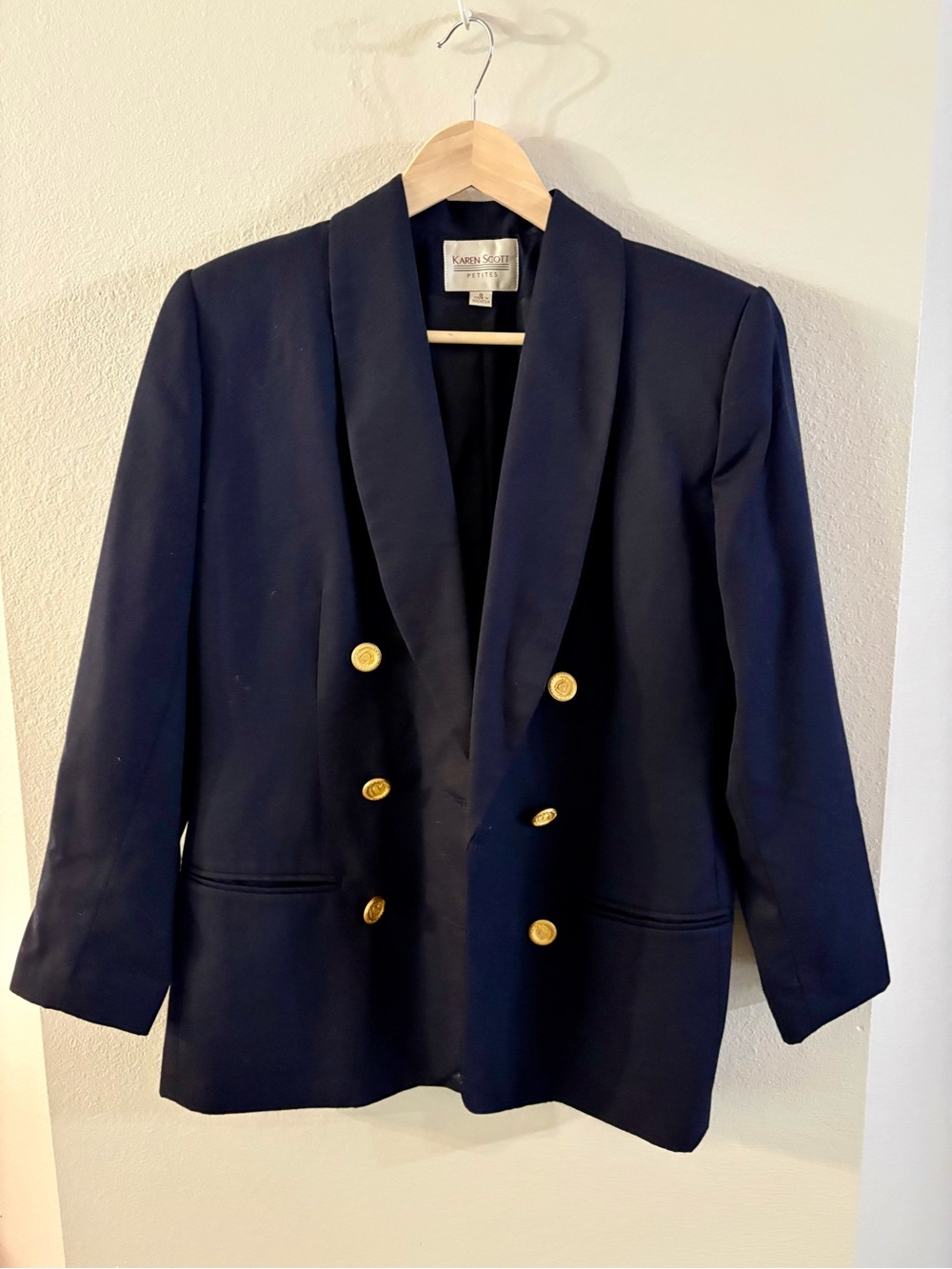 Vintage Karen Scott Navy Double-Breasted Jacket with Gold Buttons size 8
